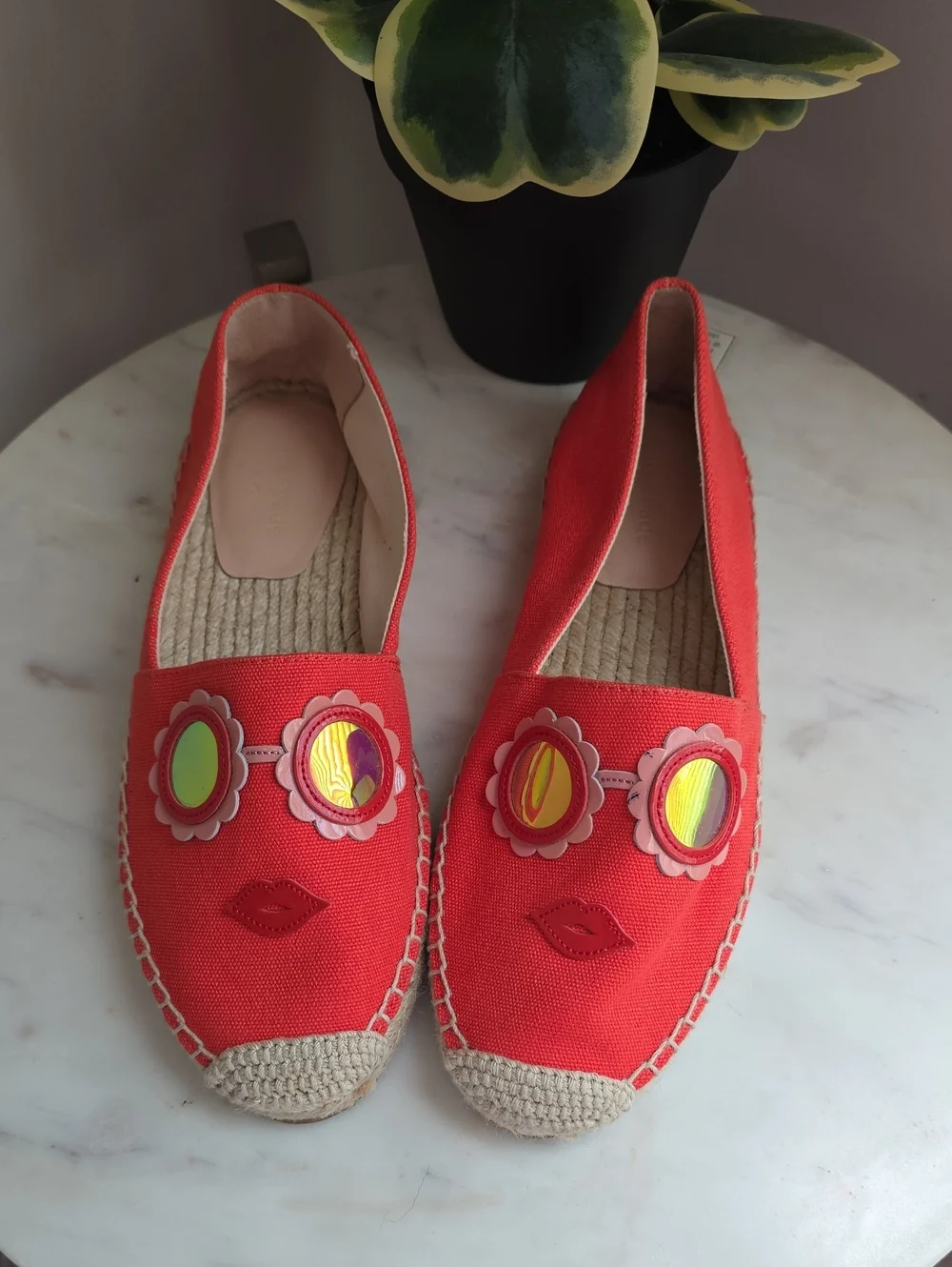 kate spade Red Canvas Espadrilles with Floral Mirror Accents
